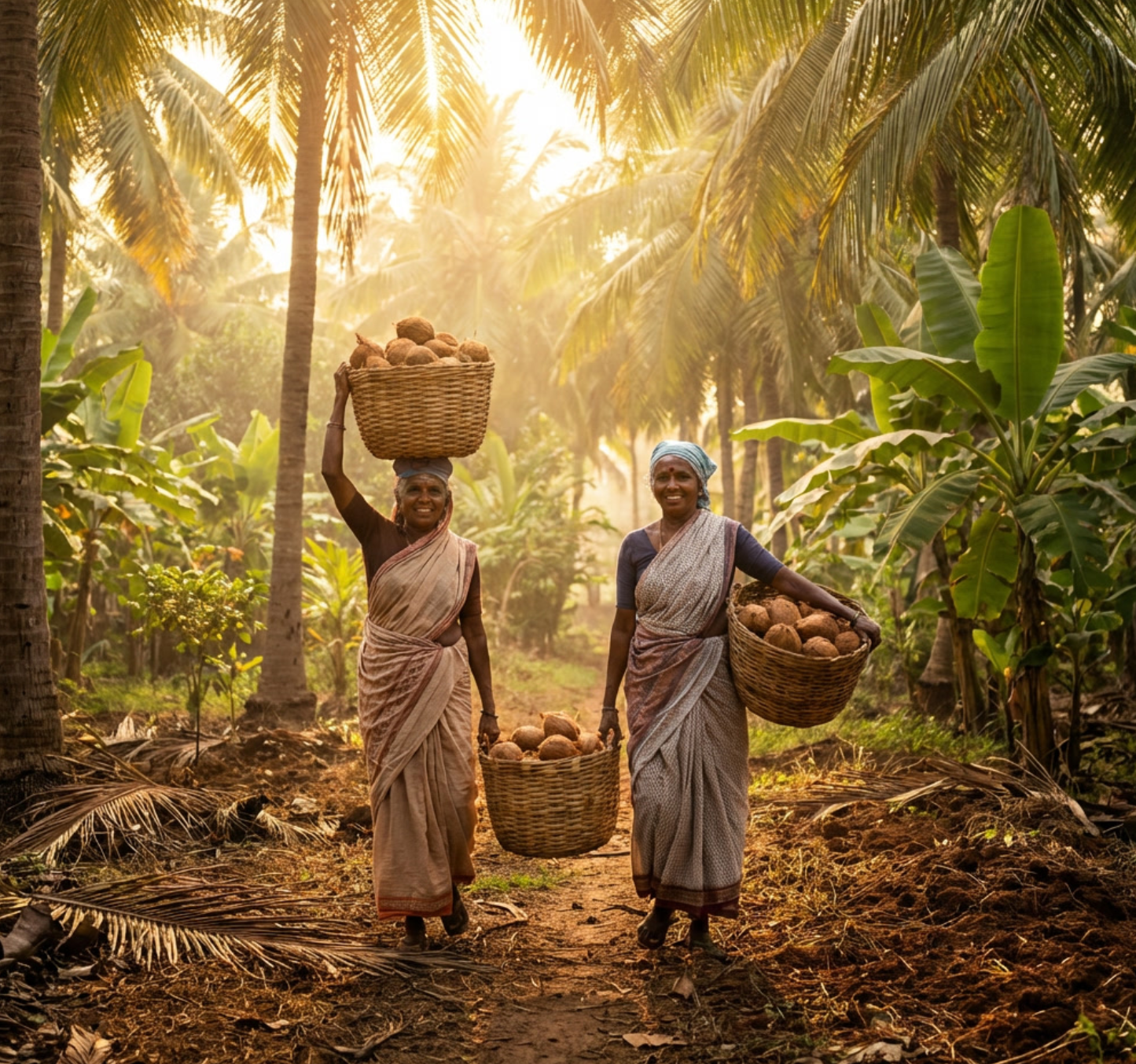 Farmers harvesting coconuts in tropical groves